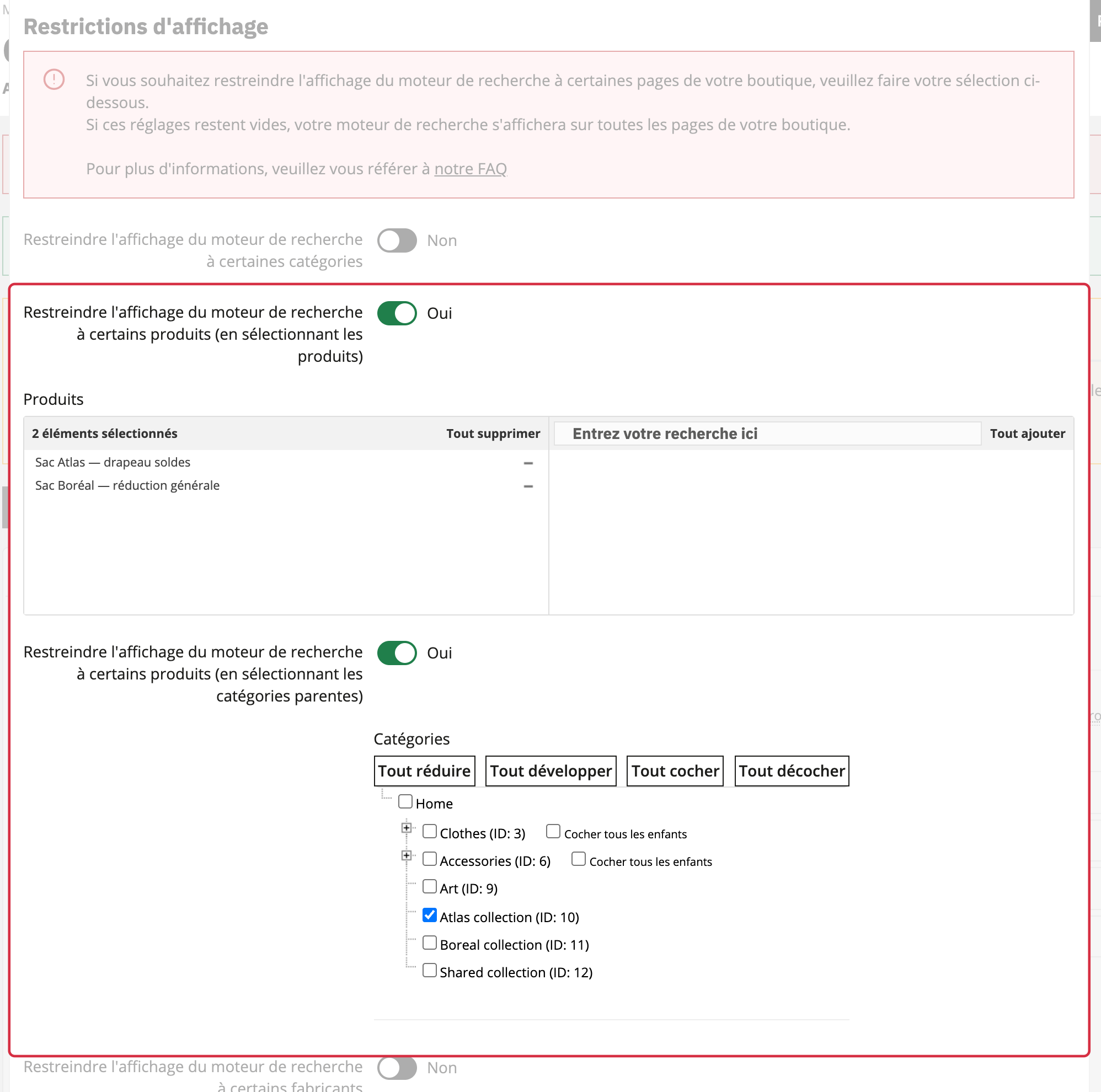 Restrictions produit : deux produits s&eacute;lectionn&eacute;s et cat&eacute;gorie par d&eacute;faut Atlas s&eacute;lectionn&eacute;e