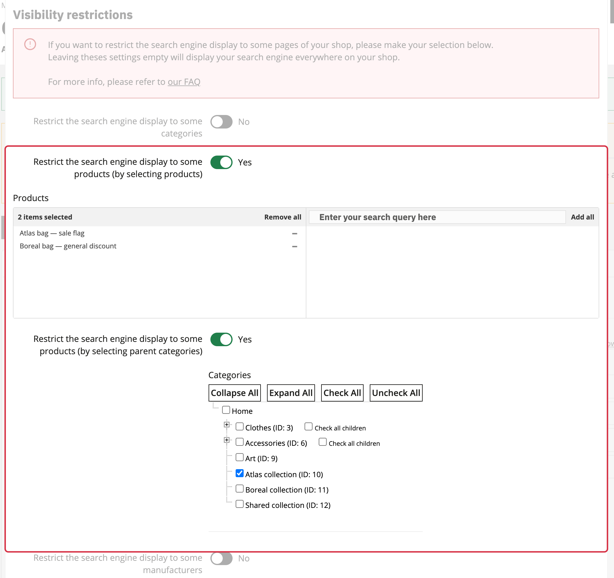 Product restrictions: two products selected and Atlas selected as the default category