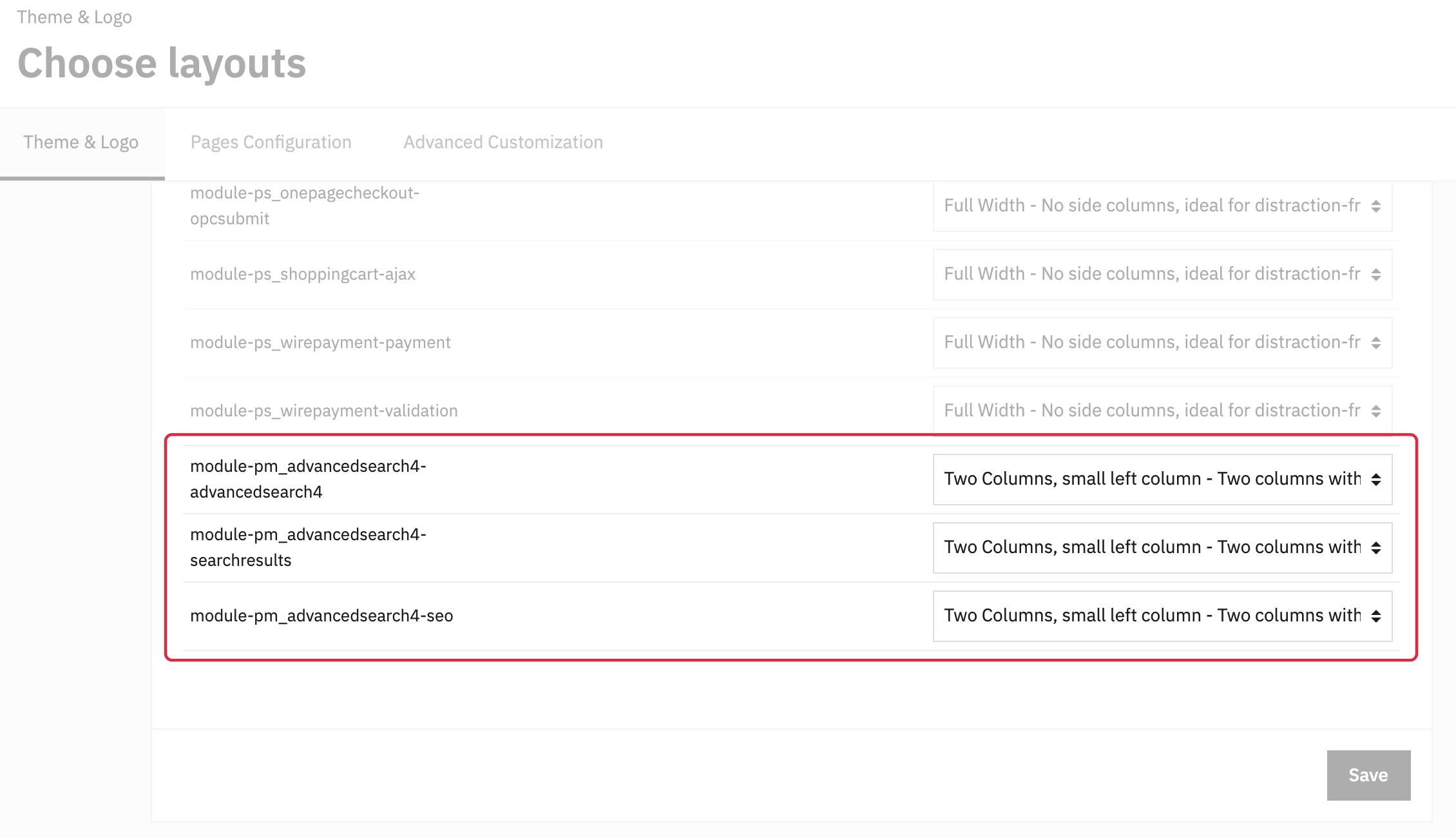 Choose layouts: the three module pages use a layout with a left column