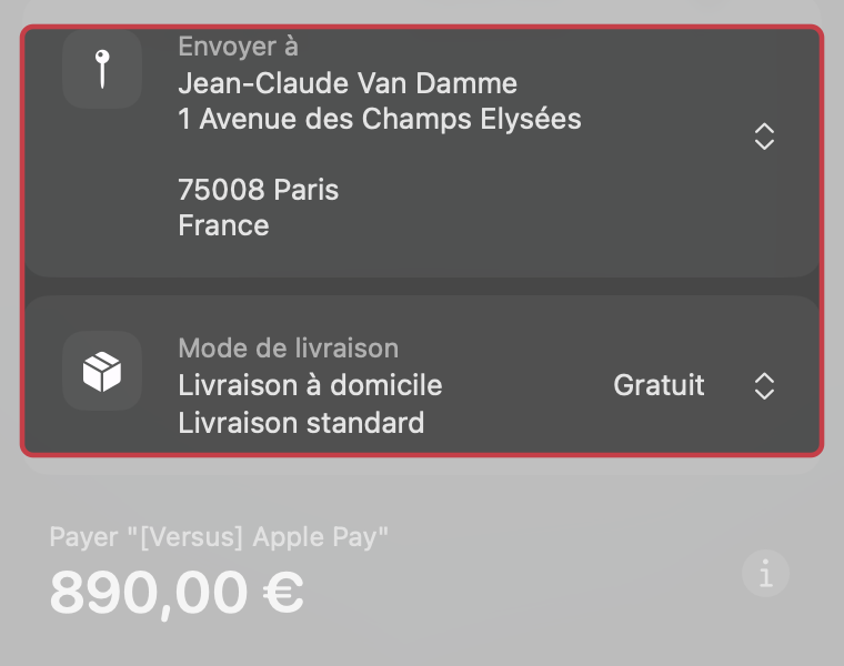 Fenêtre Apple Pay dans Safari : adresse fictive et mode de livraison à domicile
