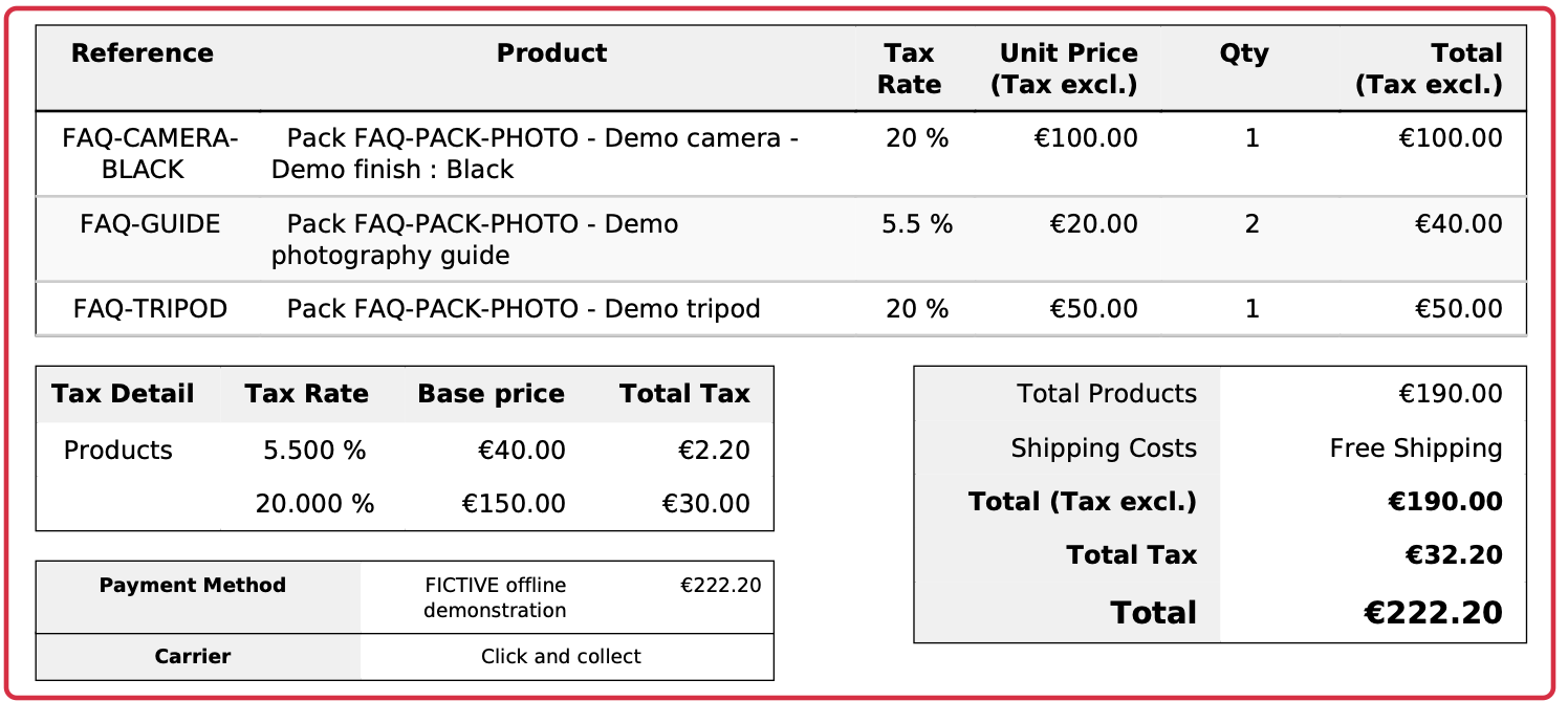 Fictional invoice extract: VAT at 20% and 5.5%, bases of &euro;150 and &euro;40, total of &euro;222.20 including tax