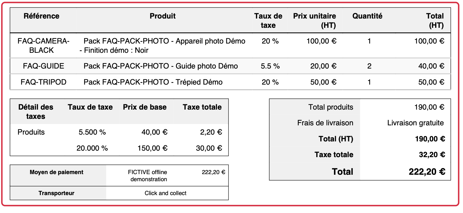 Extrait de facture fictive : TVA &agrave; 20 % et 5,5 %, bases de 150 &euro; et 40 &euro;, total de 222,20 &euro; TTC