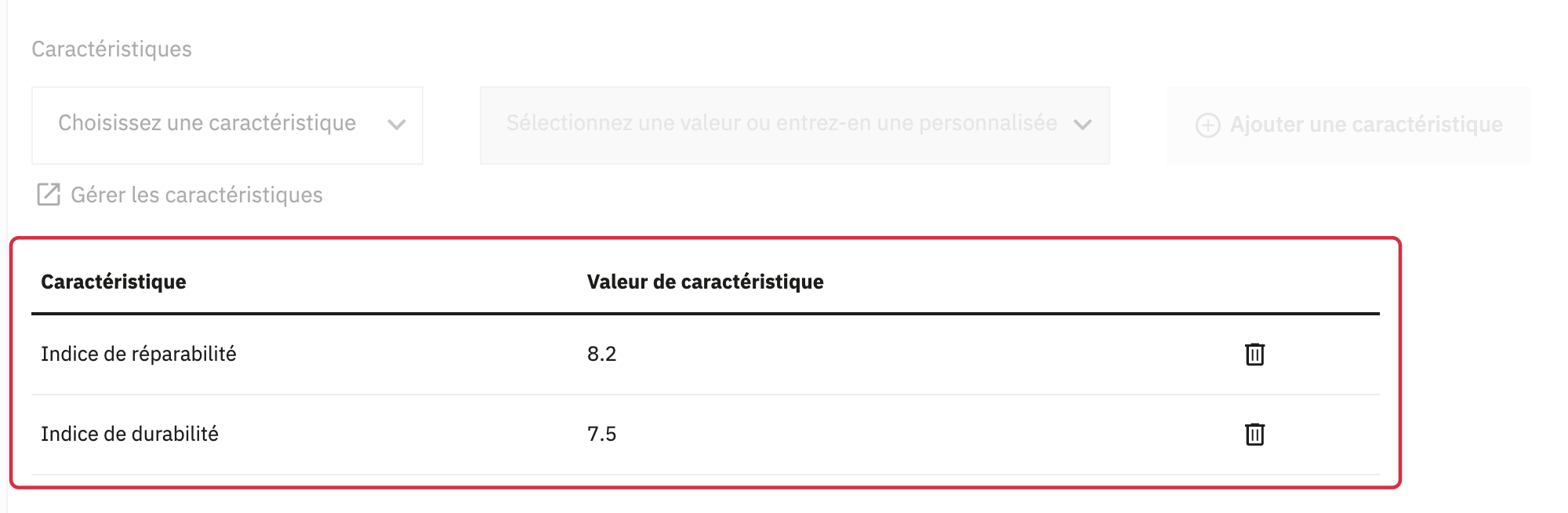 Section Caract&eacute;ristiques de la fiche produit : ajout des notes et exemples de valeurs enregistr&eacute;es