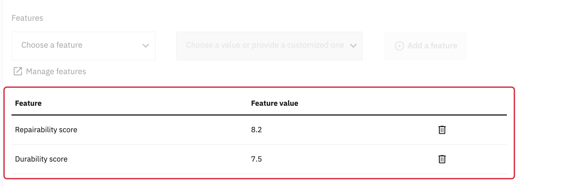 Product Features section: adding ratings and examples of saved values