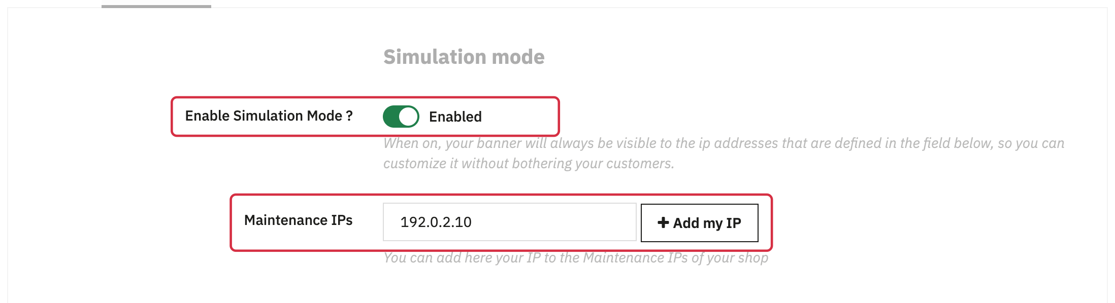 Enabled simulation mode and adding an IP address in the Simulation mode section