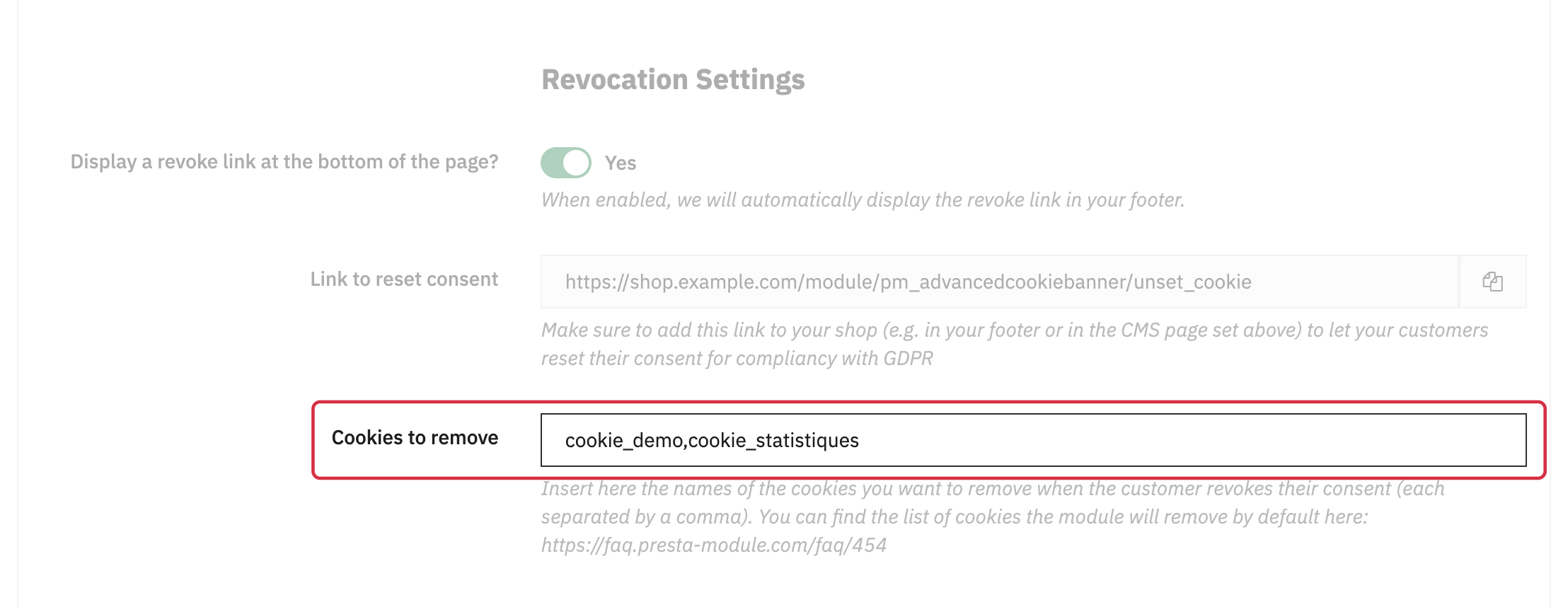 Cookies to remove field within the Revocation Settings section