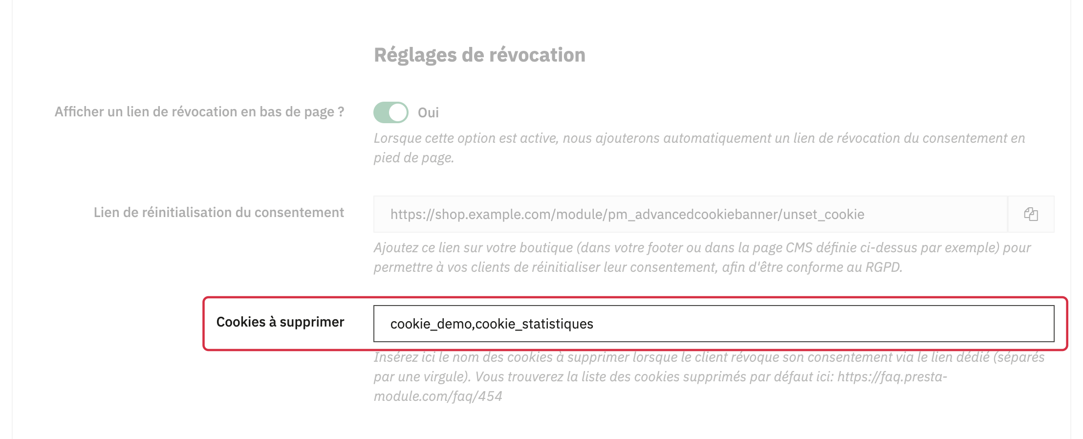 Champ Cookies &agrave; supprimer dans la section R&eacute;glages de r&eacute;vocation