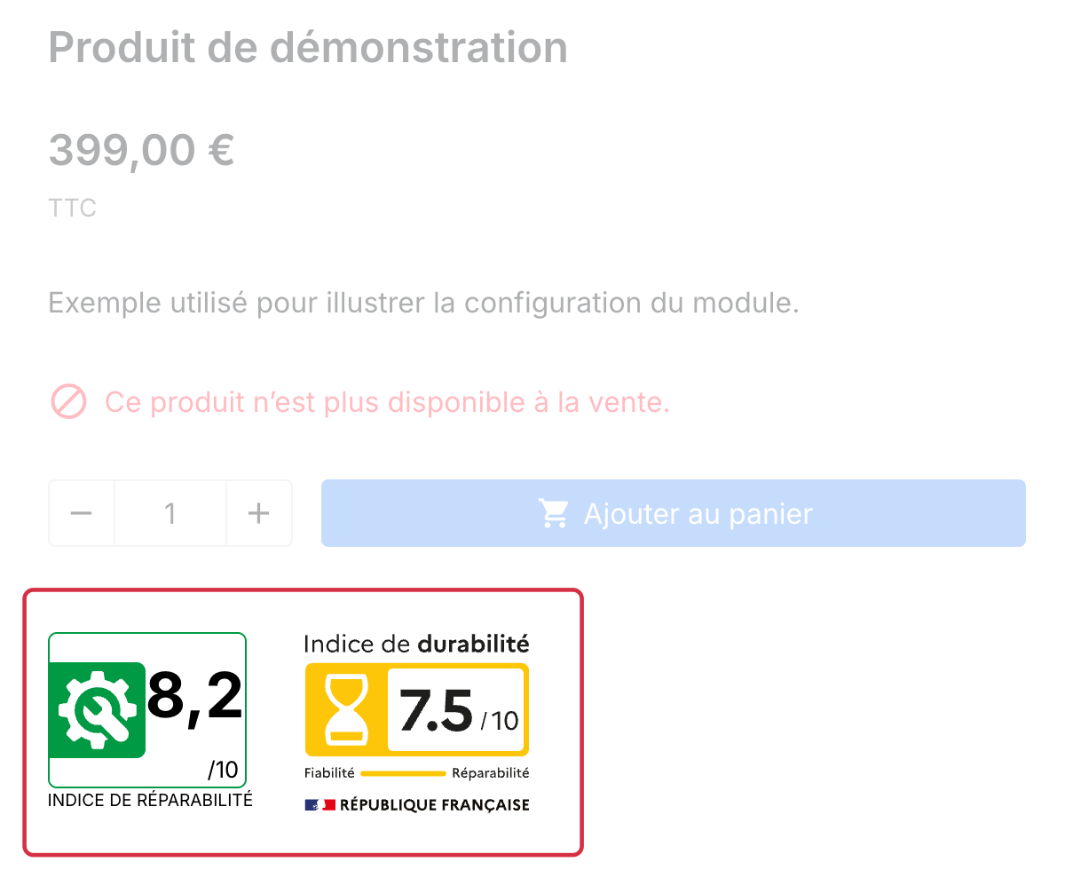 Emplacement des indices cliquables sous les informations d’un produit de démonstration
