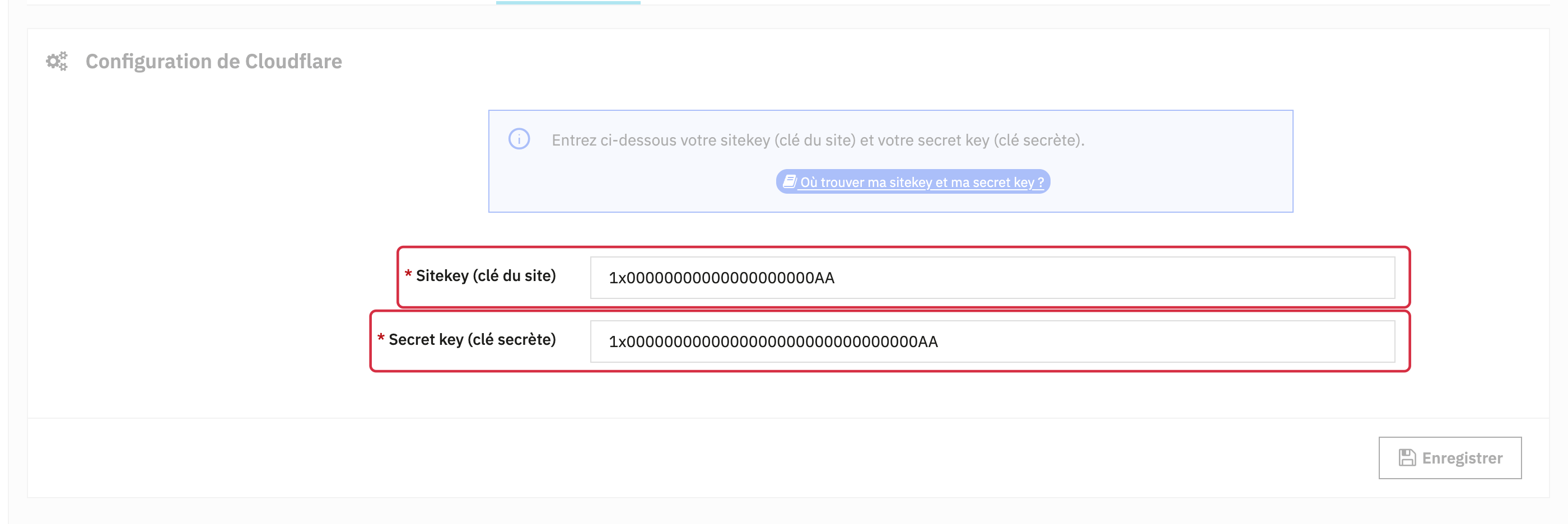 Champs sitekey et secret key du module avec des clés de test publiques