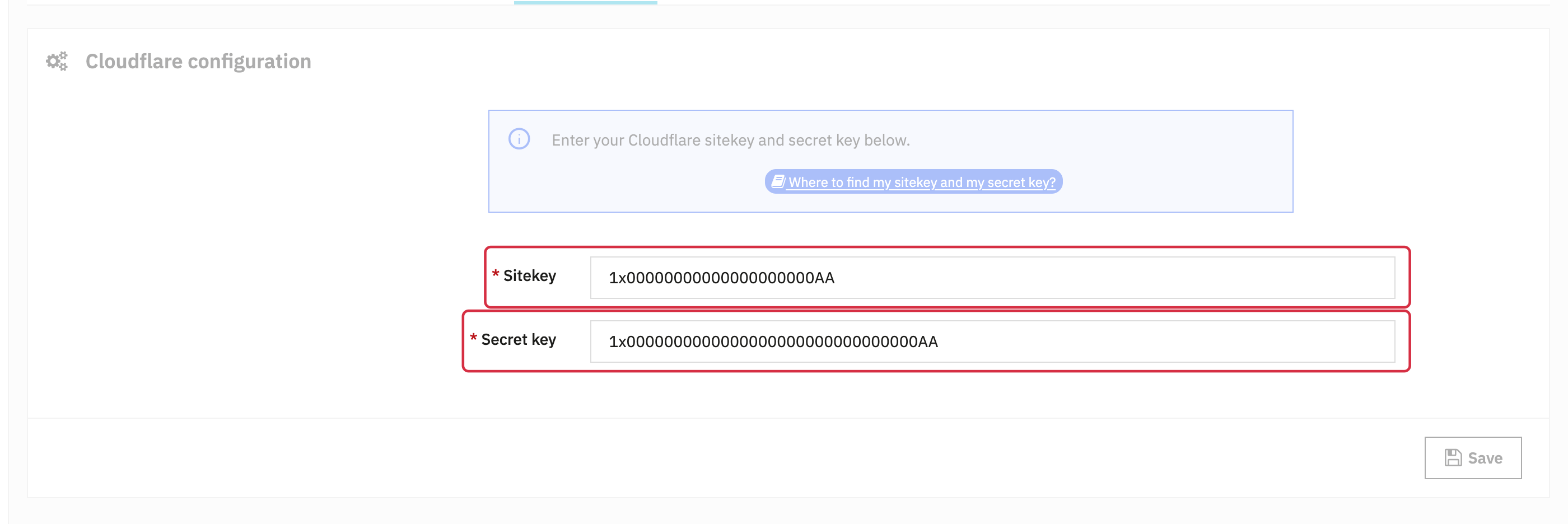 Module sitekey and secret key fields with public test keys