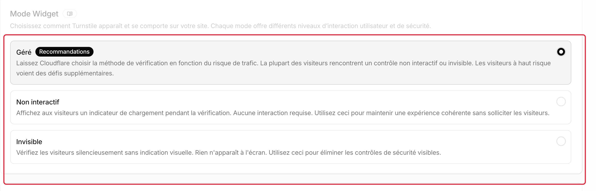 Choix du mode du widget Turnstile dans Cloudflare