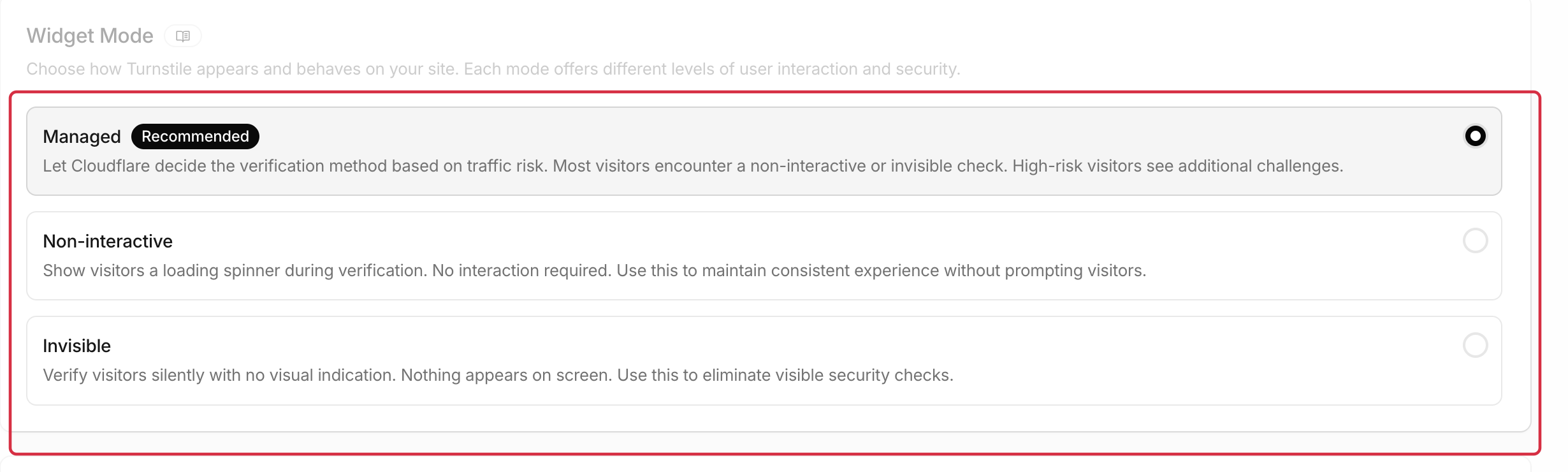 Turnstile widget mode selection in Cloudflare