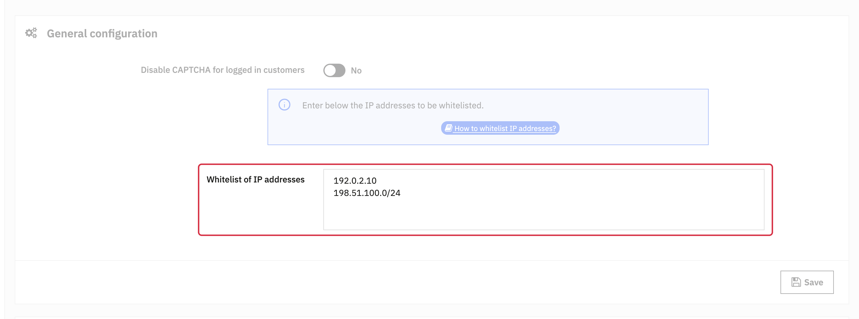 Module whitelist with an example IP address and CIDR range