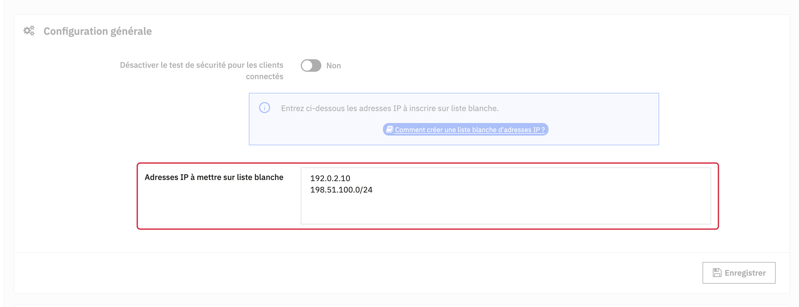Liste blanche du module avec une adresse IP et une plage CIDR fictives