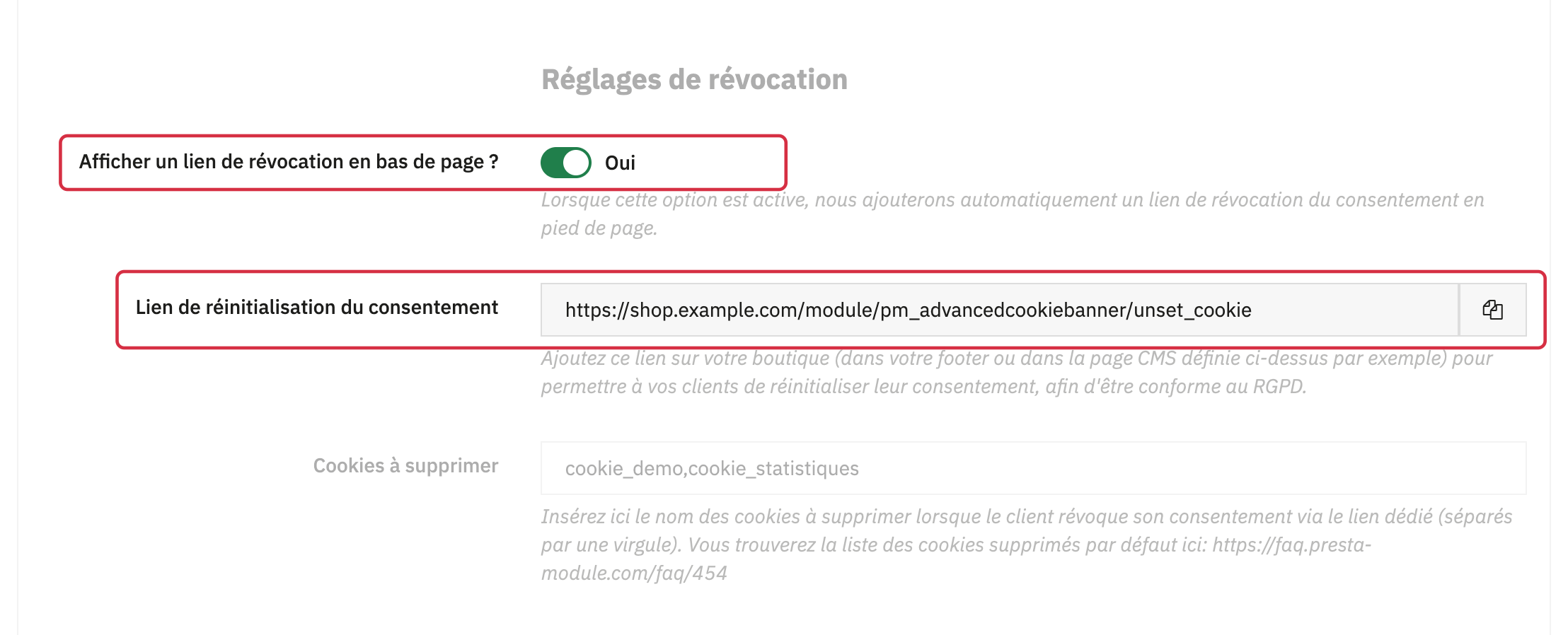 R&eacute;glages de r&eacute;vocation : lien en pied de page et lien de r&eacute;initialisation du consentement