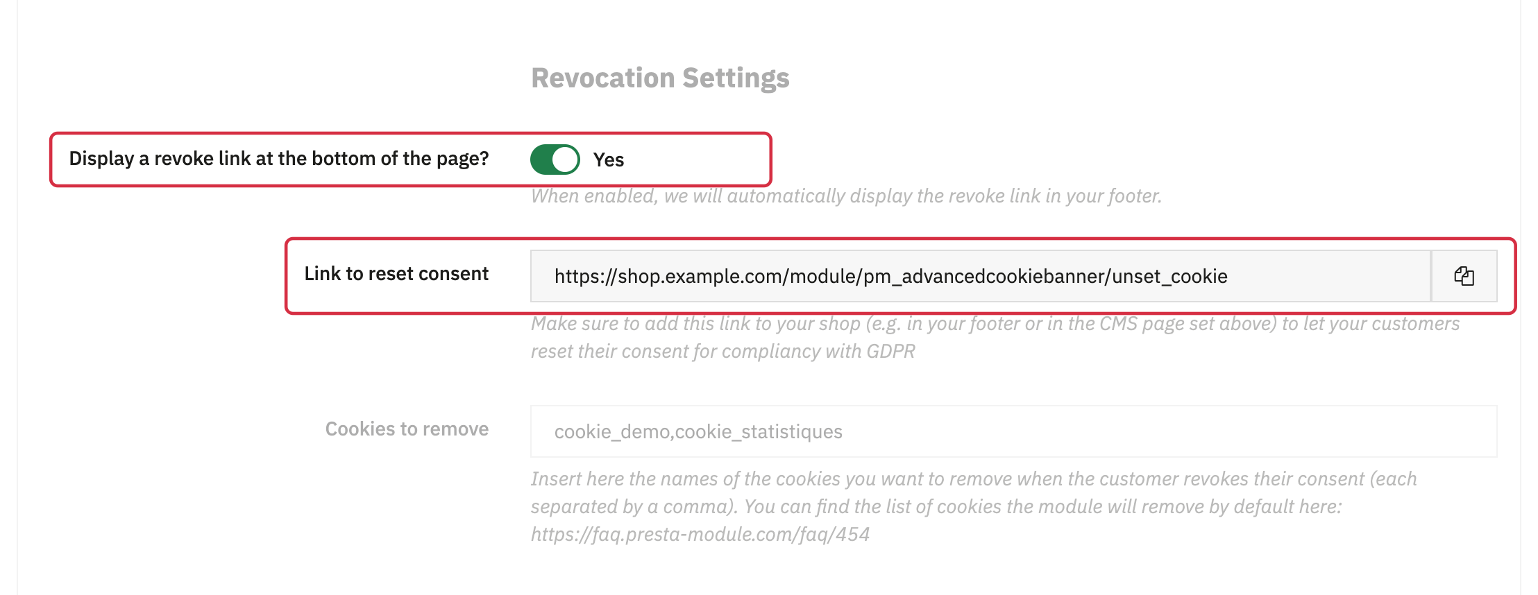 Revocation Settings: footer link option and consent reset link