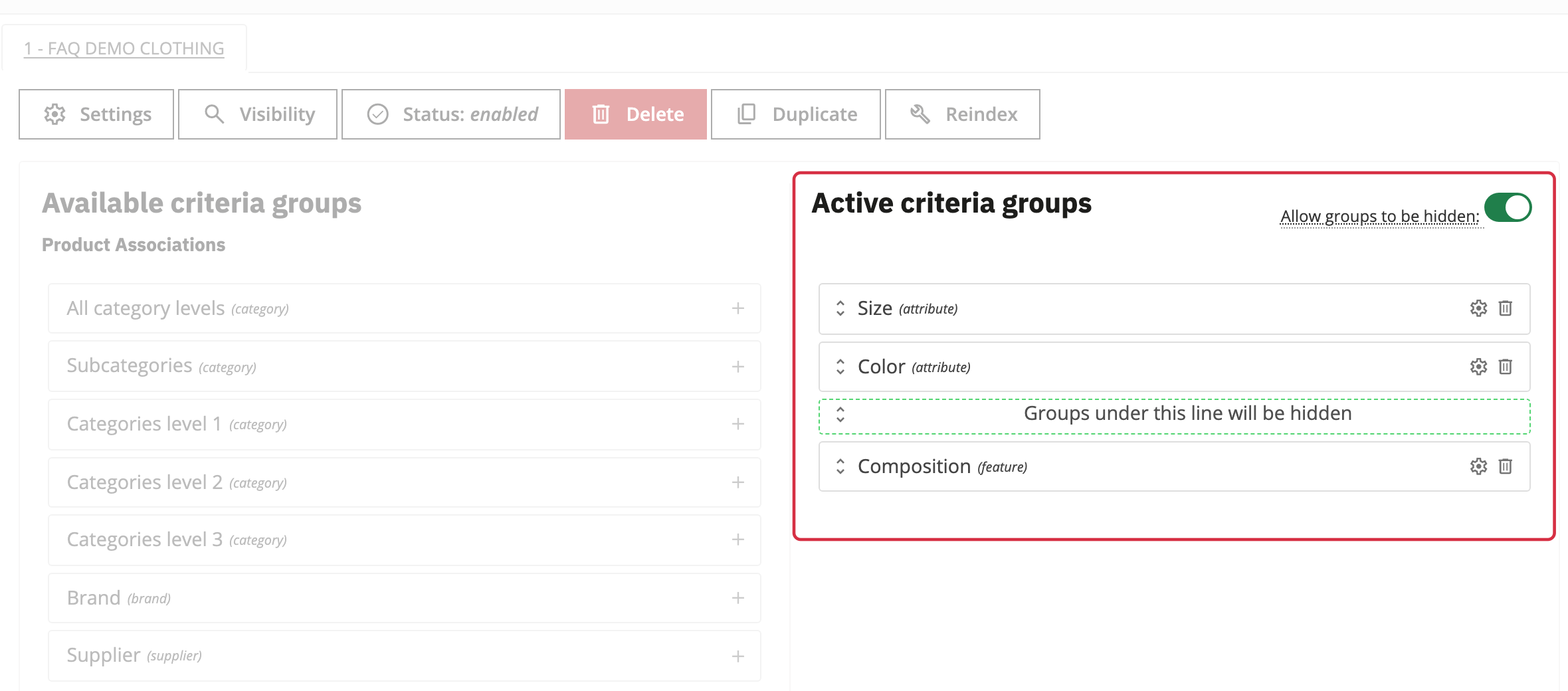 Active groups with Size and Color above the separator and Composition hidden below