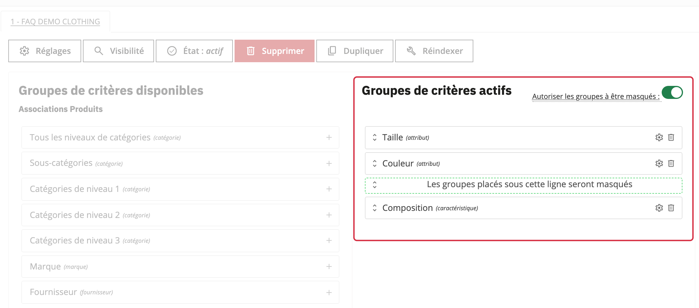 Groupes actifs avec Taille et Couleur au-dessus du s&eacute;parateur et Composition masqu&eacute;e en dessous