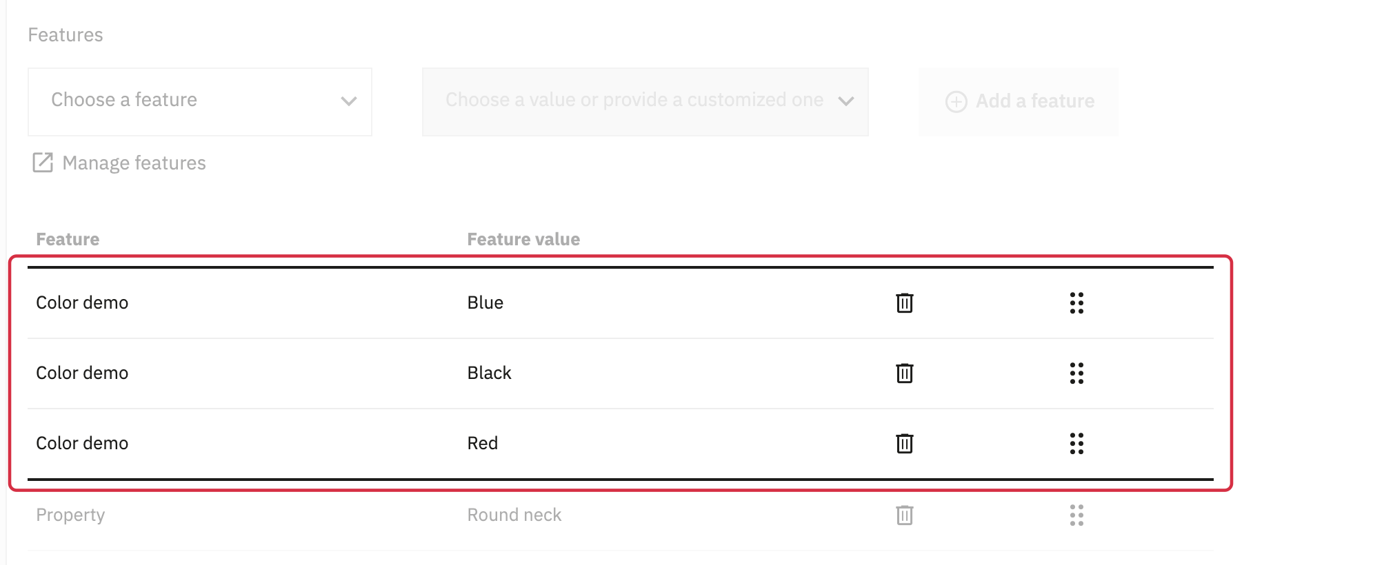 Values of the same feature and drag handles used to change their order on the PrestaShop 9 product editing page