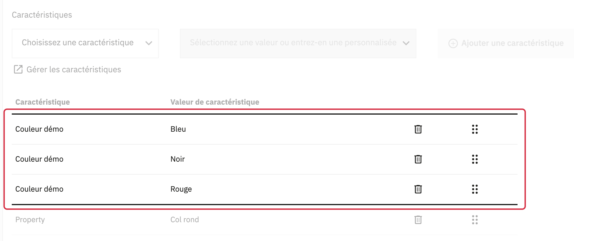 Valeurs d&rsquo;une m&ecirc;me caract&eacute;ristique et poign&eacute;es permettant de changer leur ordre dans la fiche produit PrestaShop 9