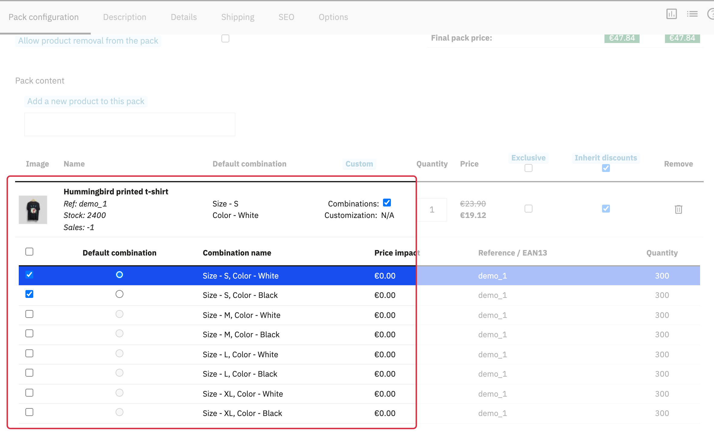 Combinations included in the pack and the separate default-combination selection