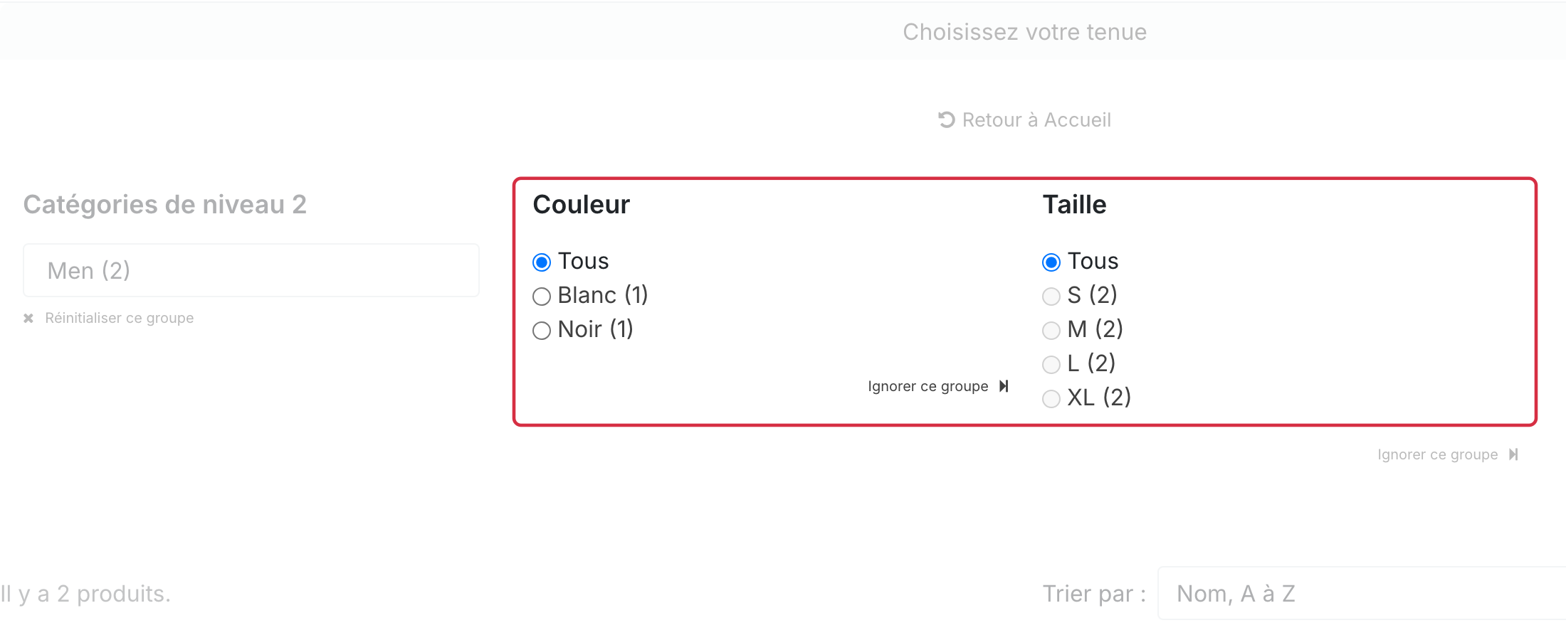 Apr&egrave;s le choix de la cat&eacute;gorie Men, Blanc et Noir sont disponibles, tandis que les tailles S &agrave; XL ne sont pas encore s&eacute;lectionnables ; Tous reste s&eacute;lectionn&eacute;