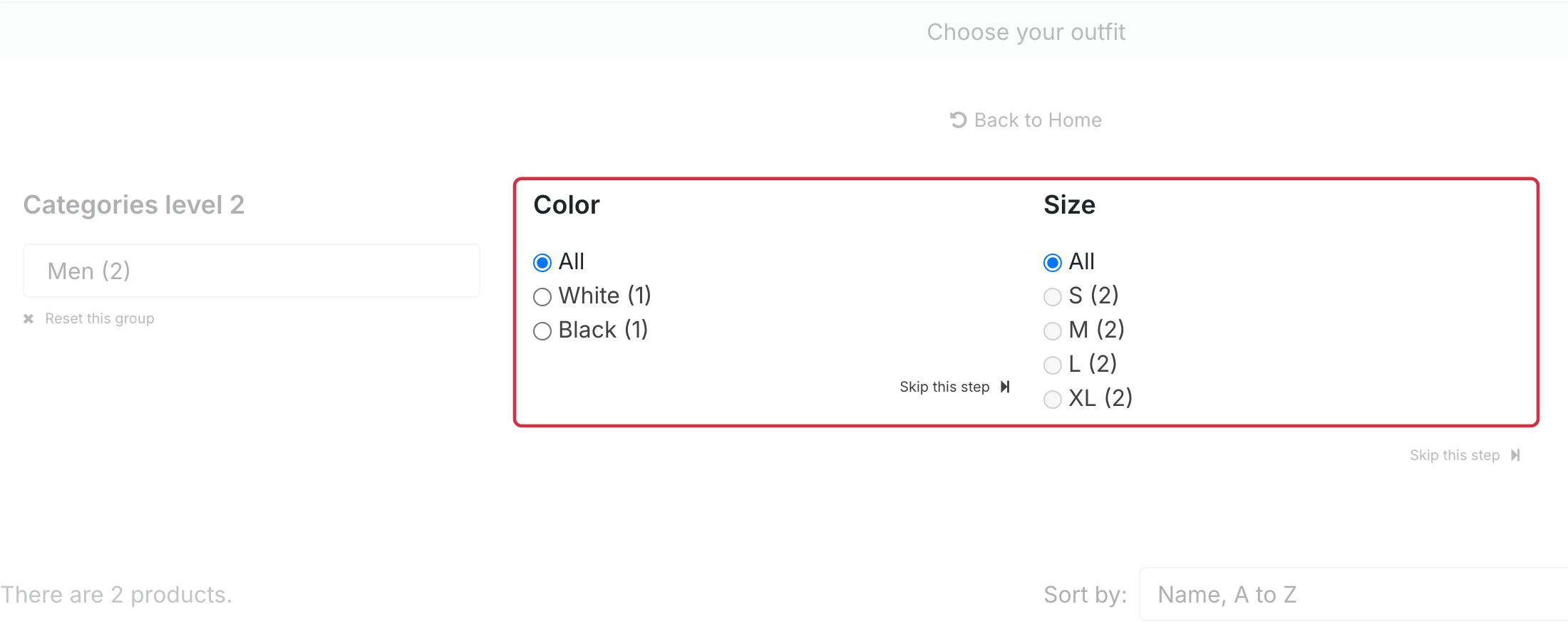 After selecting the Men category, White and Black are available while sizes S to XL cannot yet be selected; All remains selected