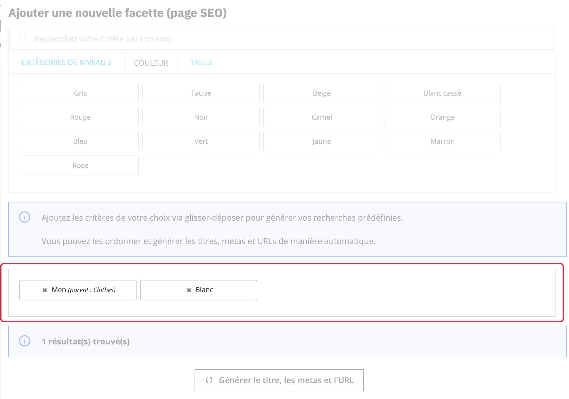 Crit&egrave;res Men puis Blanc d&eacute;pos&eacute;s dans cet ordre pour pr&eacute;parer une page SEO correspondant &agrave; un produit