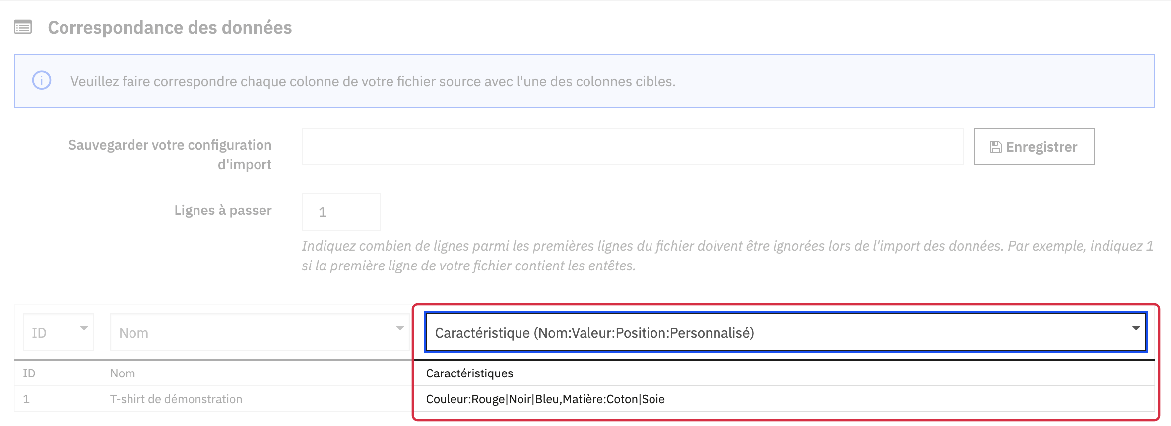 Correspondance de la colonne structur&eacute;e des caract&eacute;ristiques avec le champ Caract&eacute;ristique dans l&rsquo;import PrestaShop