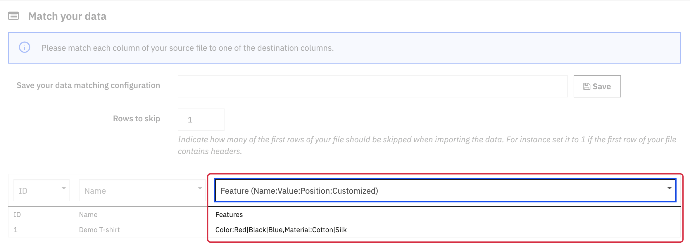 Mapping the structured features column to the Feature field in the PrestaShop import tool