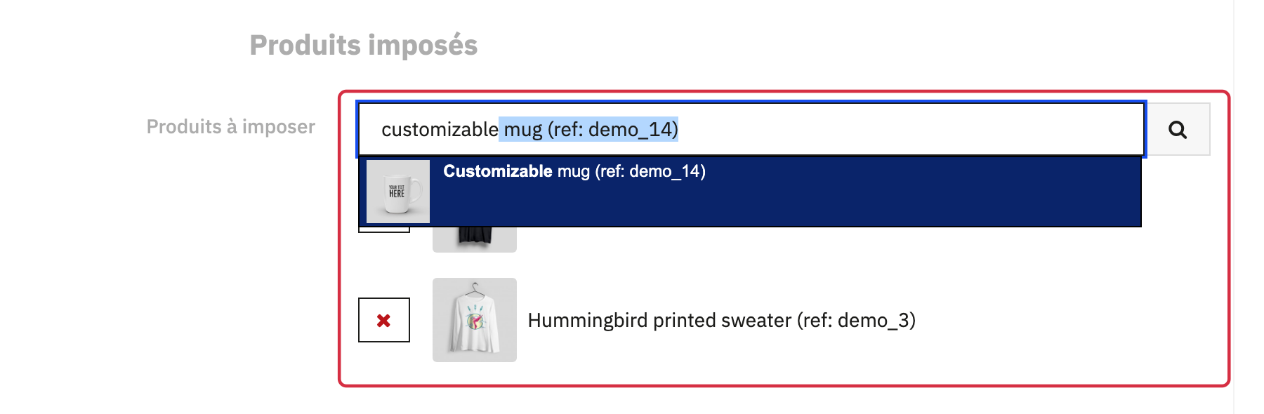 R&eacute;sultat de recherche d&rsquo;un mug et produit d&eacute;j&agrave; s&eacute;lectionn&eacute; avec sa croix de retrait dans les produits impos&eacute;s