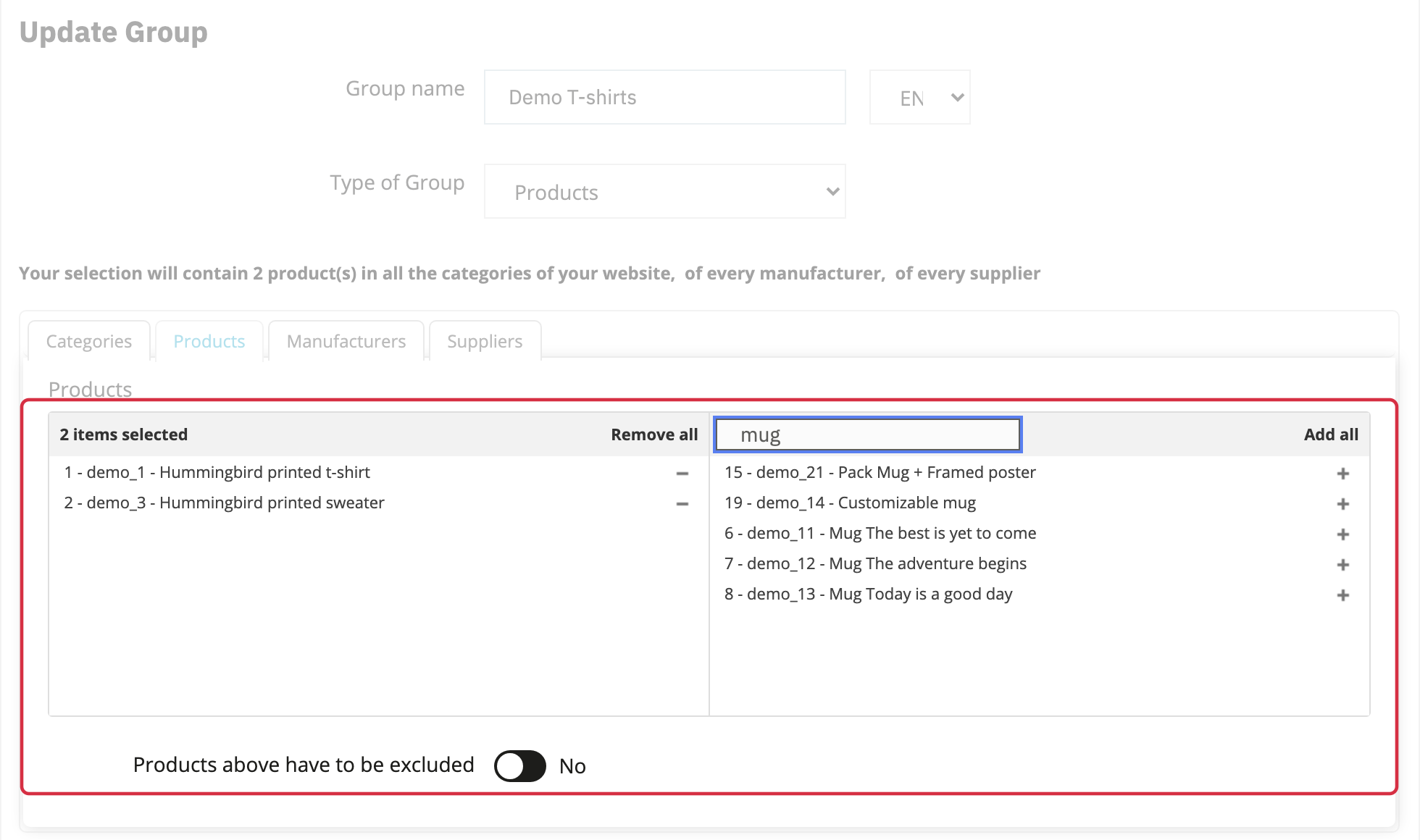 Selected products on the left, available search results on the right, and the exclusion option in a link group