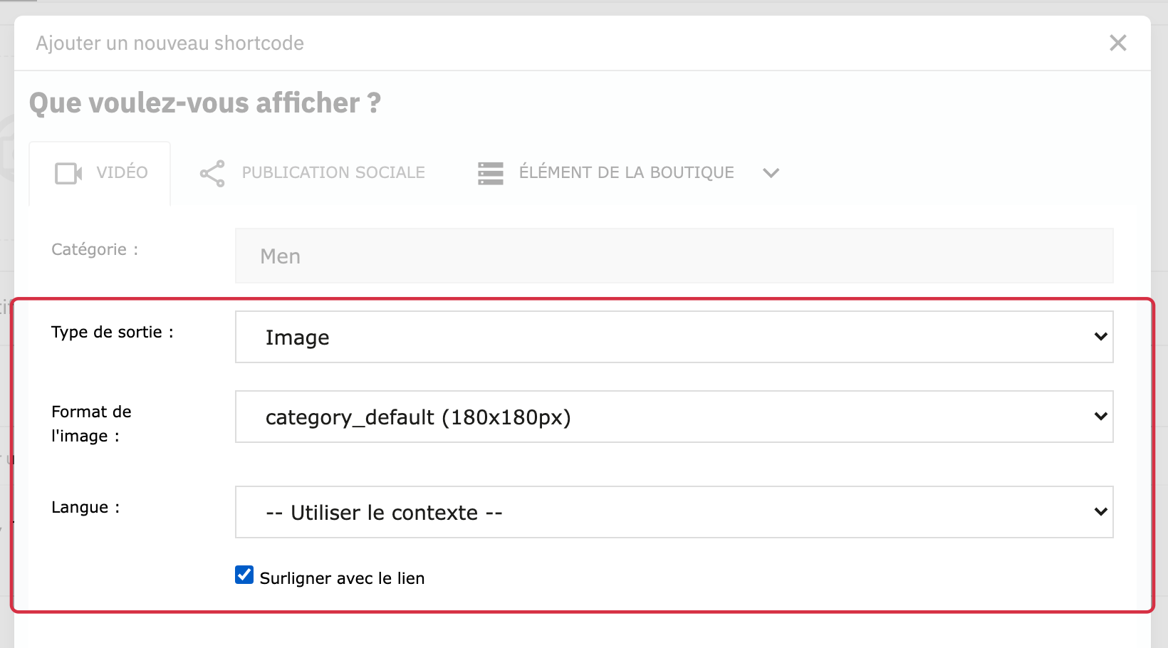 Options Image, format, langue du contexte et lien pour un shortcode de catégorie