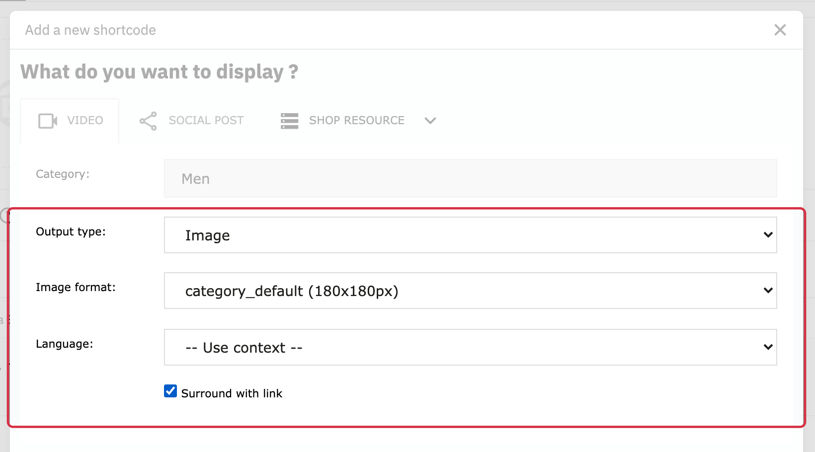 Image output, format, context language and link options for a category shortcode